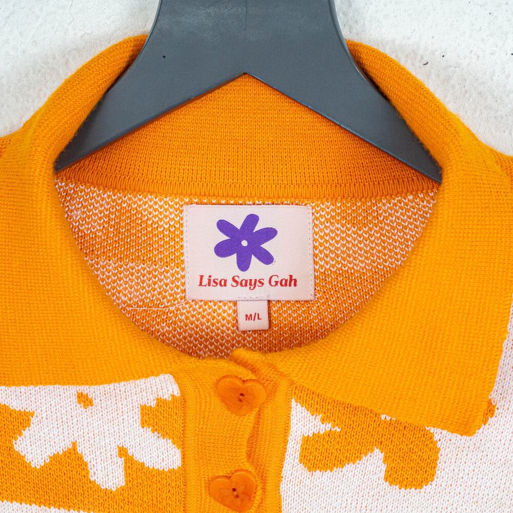 Lisa Says Gah x KJP Paisley Polo Sweater knit orange white sz M/L - Picture 3 of 12